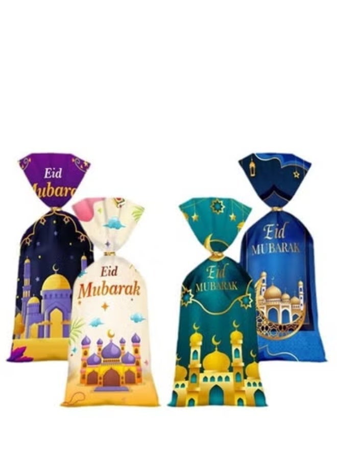 50 PCS Eid Mubarak Cellophane Bags Muslim Ramadan Cello Bags Castle Moon Goody Bag with Twist Ties Eid Mubarak Candy Bags Green Blue Treat Gift Bag for Muslim Festival Eid Party Favor - Image 1